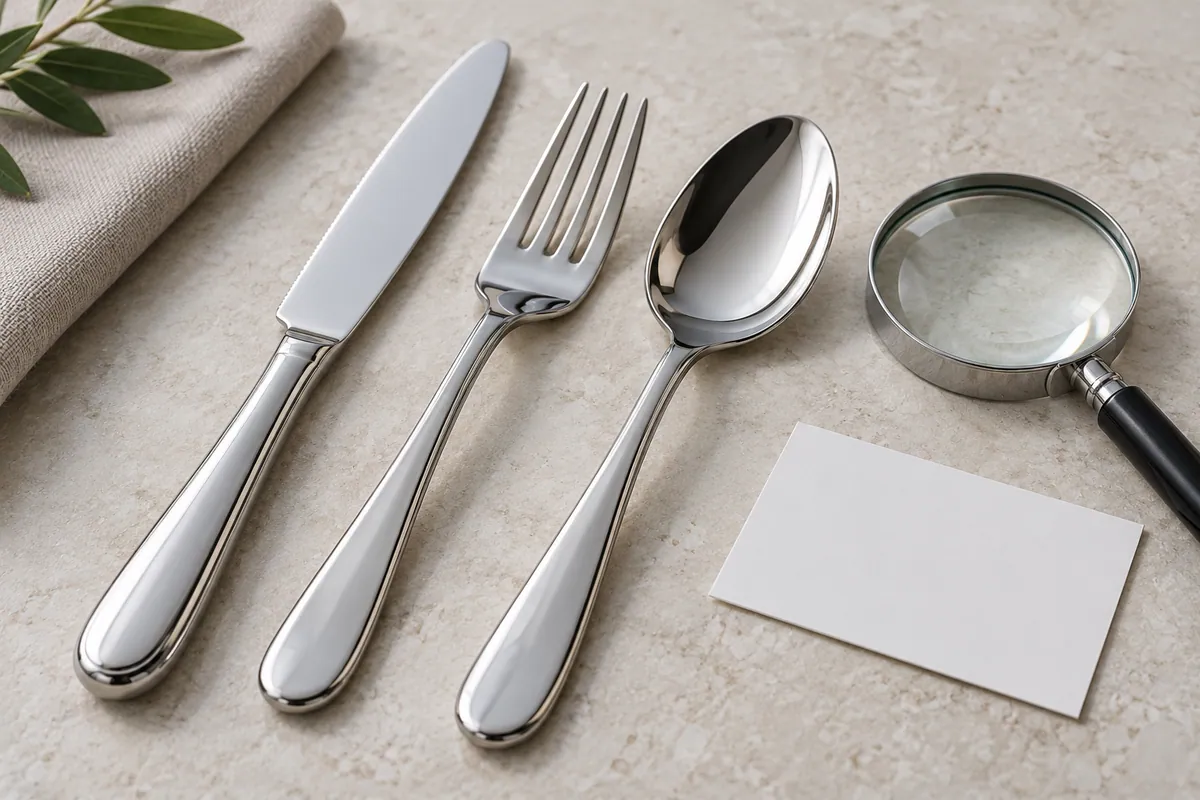 Generated editorial illustration of intact stainless-steel knife, fork and spoon beside a blank inspection card and magnifier.