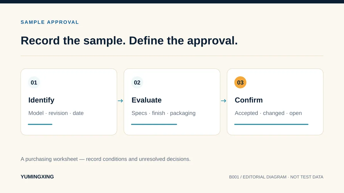 Three connected stages for recording a cutlery sample, reviewing changes and confirming approval.